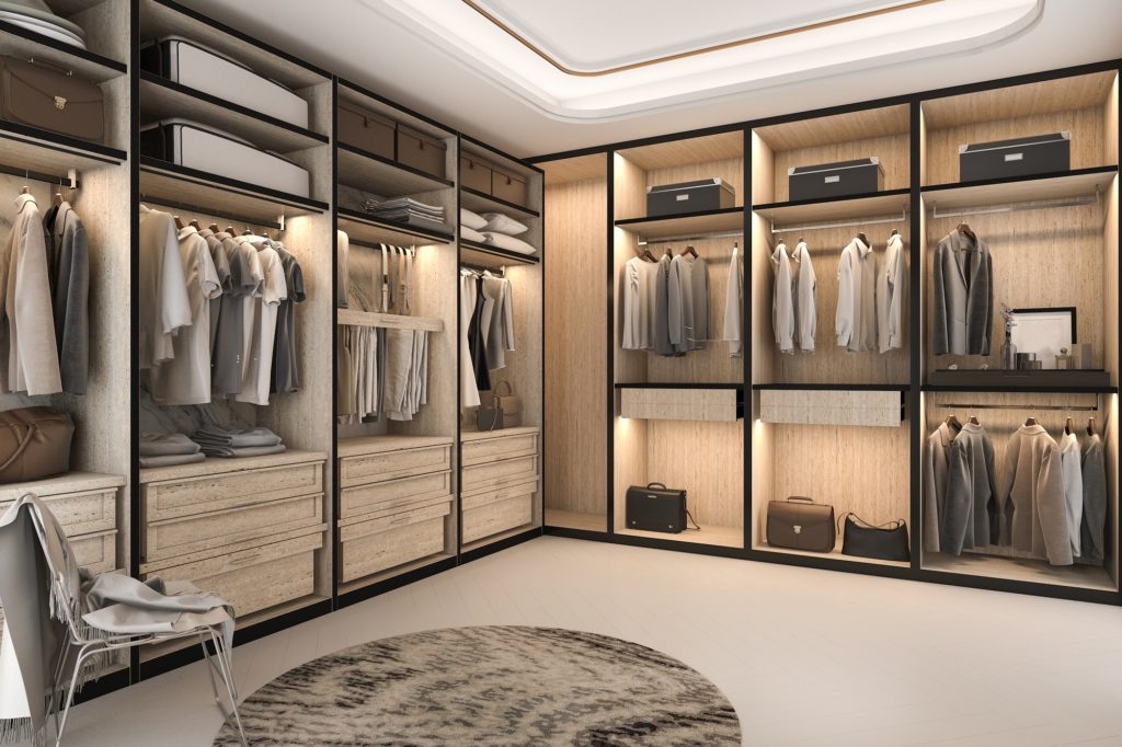 3d rendering minimal loft luxury wood walk in closet with wardrobe